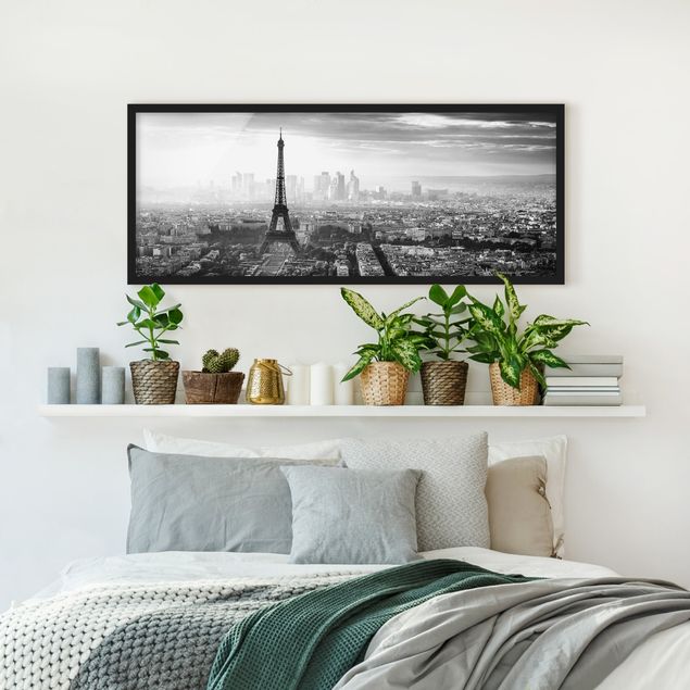 Quadri con cornice architettura e skylines  La Torre Eiffel dall'alto in bianco e nero