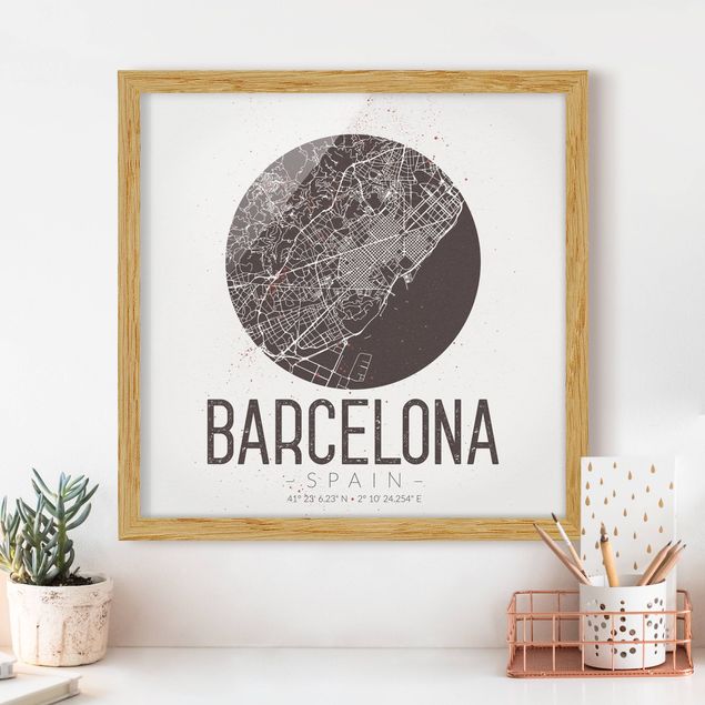 Quadri con cornice architettura e skylines  Mappa della città di Barcellona - Retrò