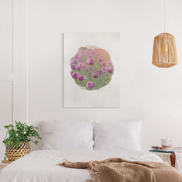 Quadri moderni   Acquerelli - Prato di fiori di papavero viola in primavera
