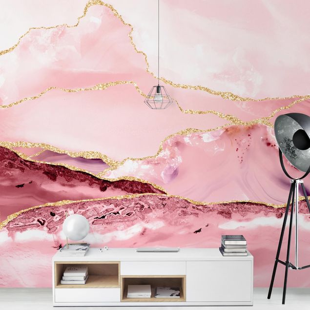 Carte da parati effetto marmo Montagne rosa astratte con linee d'oro