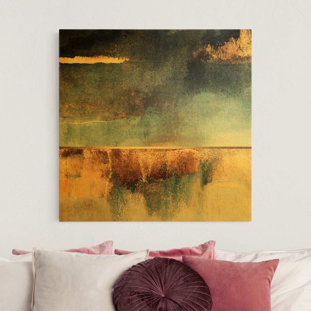Riproduzione quadri su tela Riva del lago astratta in oro