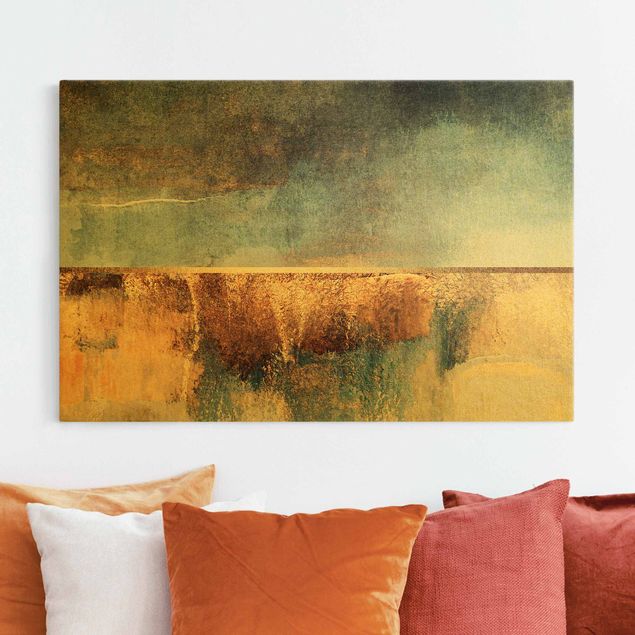 Riproduzione quadri su tela Riva del lago astratta in oro