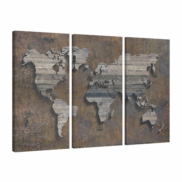 Quadro stile industriale Mappa del mondo con griglia di legno