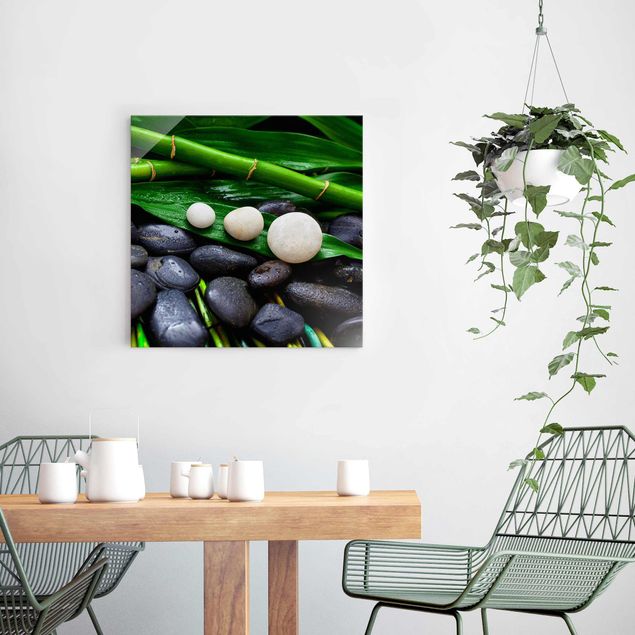 Quadri in vetro con fiori Bambù verde con pietre zen