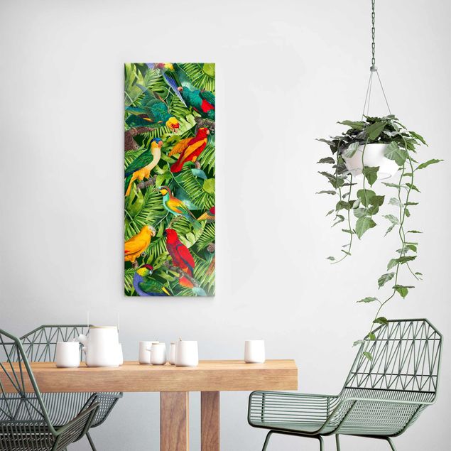 Quadri in vetro con fiori Collage colorato - Pappagalli nella giungla