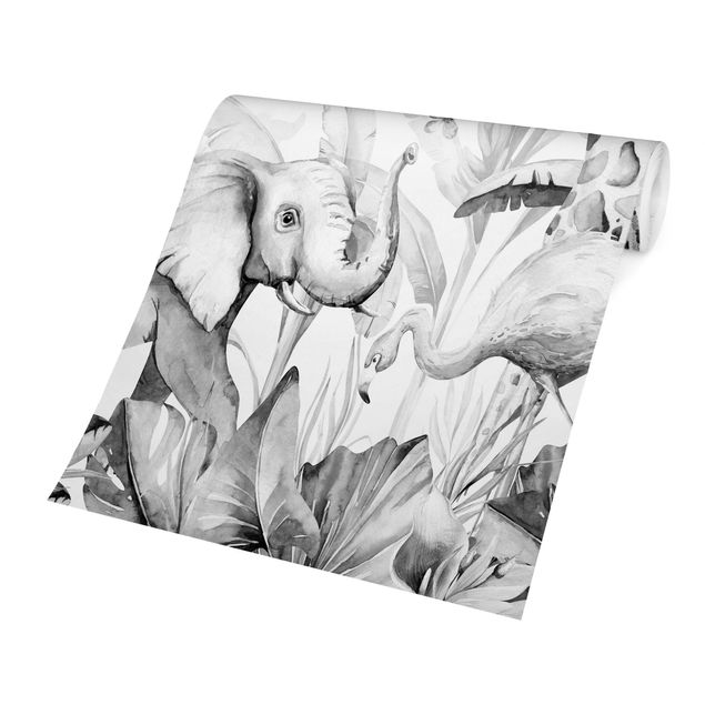 Carta da parati tessuto non tessuto Acquerello - Africa Animali in bianco e nero