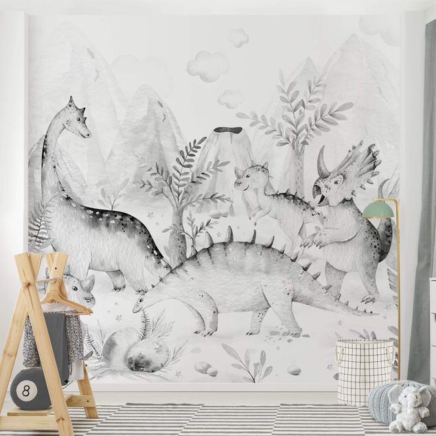 Decorazioni camera bambini Acquerello - Mondo dei dinosauri in bianco e nero