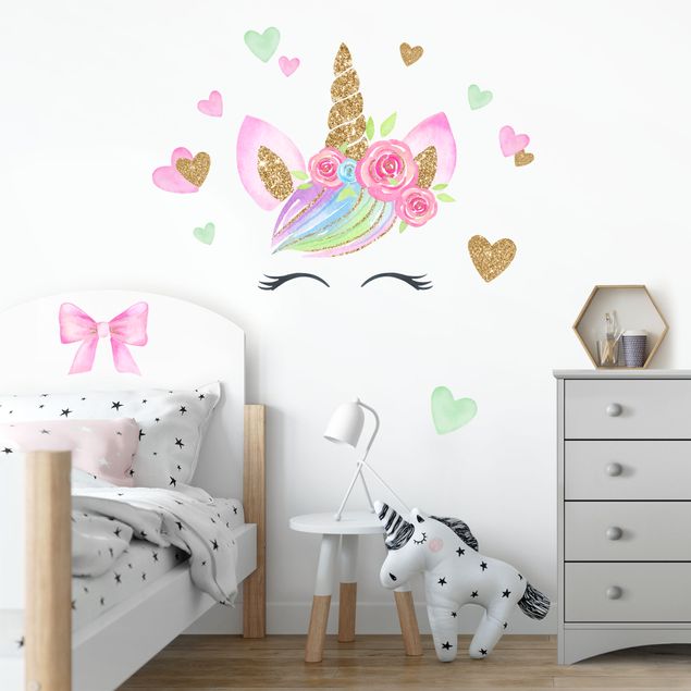 Adesivi murali animali Unicorno acquerello fiori oro glitter
