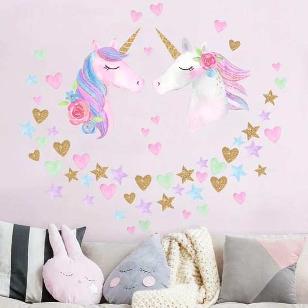 Adesivi murali unicorni Set di unicorno acquerello con glitter oro XL