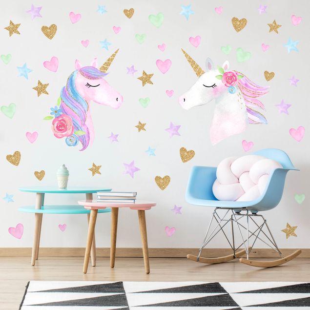 Adesivi murali Set di unicorno acquerello con glitter oro XL