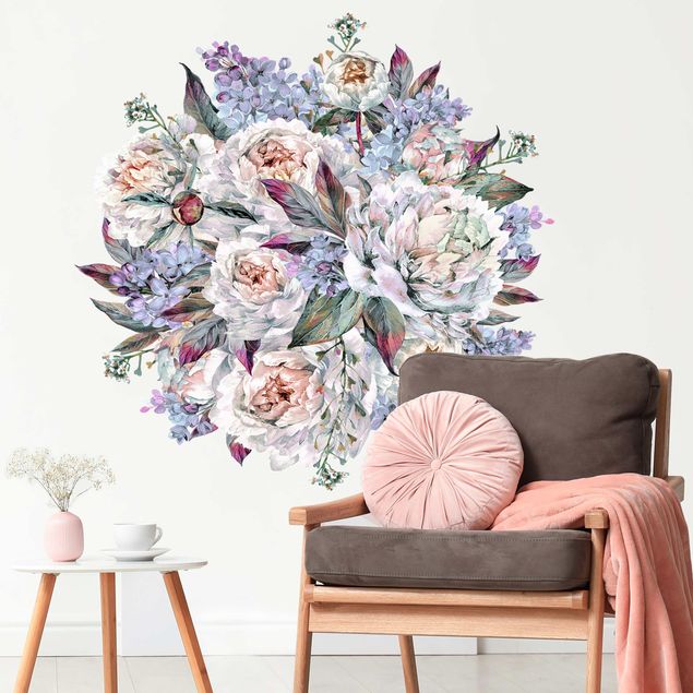 Stickers murali piante Bouquet di peonie lilla acquerello xxl