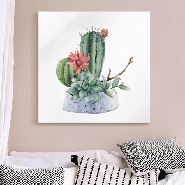 Quadri in vetro con fiori Illustrazione di cactus ad acquerello