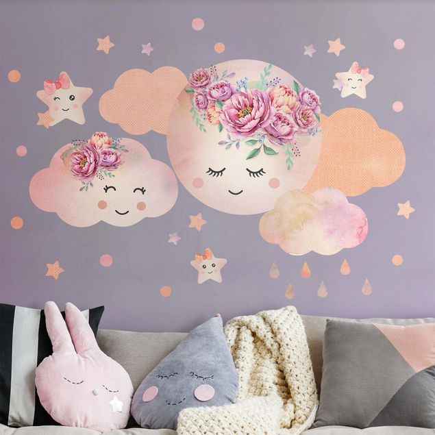 Adesivi murali pianeti Luna acquerello nuvole e stelle con le rose