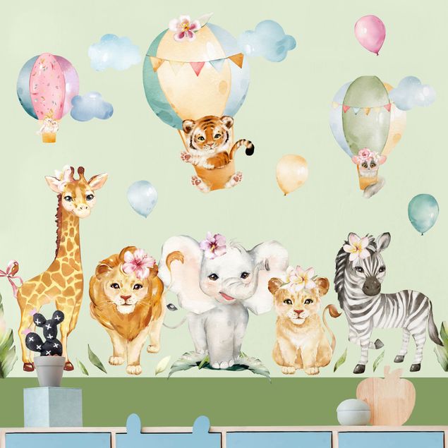 Autocolantes de parede animais da floresta Set di animali del safari in mongolfiera ad acquerello