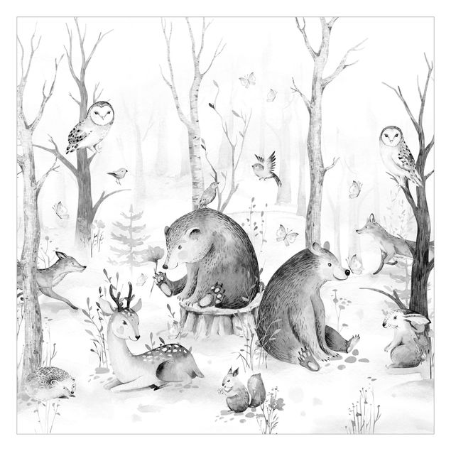 Carte da parati moderne Acquerello - Amici animali della foresta in bianco e nero