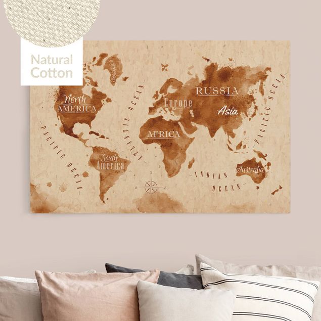 Quadro moderno Mappa del mondo in ottica acquerello Beige Marrone