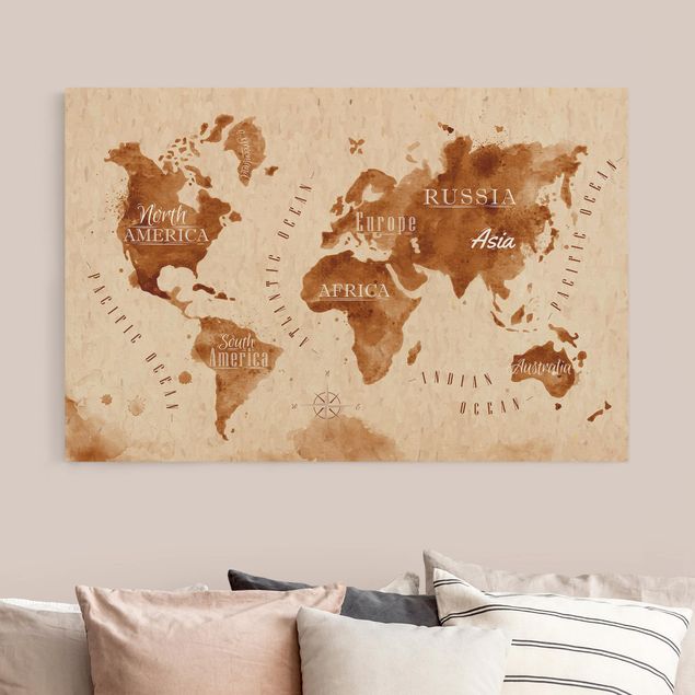 Quadro mappamondo Mappa del mondo in ottica acquerello Beige Marrone