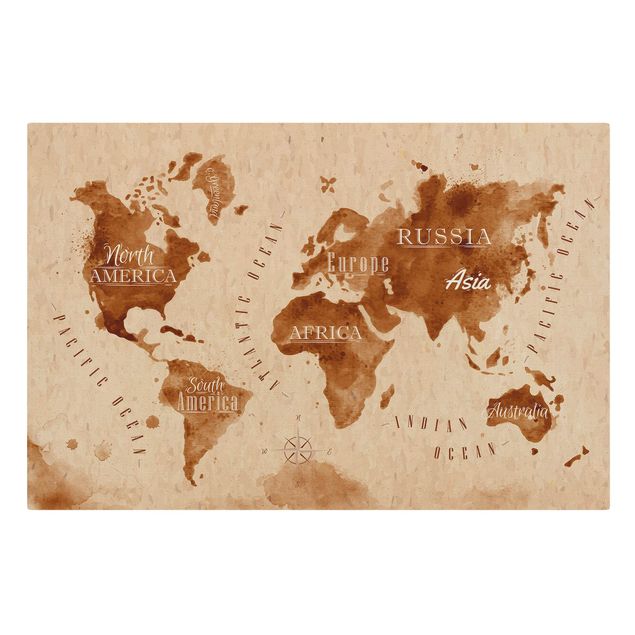 Quadri Mappa del mondo in ottica acquerello Beige Marrone