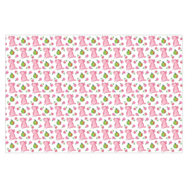Carte da parati rosa Mr. & Mrs. Panda - Axolotl con fiori e meloni