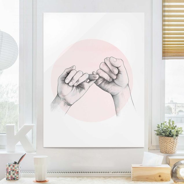 Quadro in vetro - Illustrazione mani Amicizia Circle Rosa Bianco - Verticale 4:3