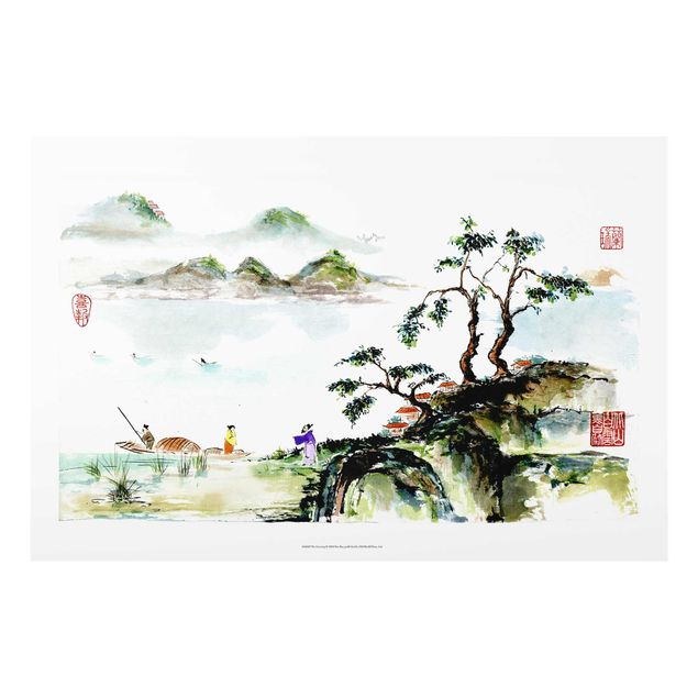 Quadri stile vintage Disegno giapponese ad acquerello di lago e montagne