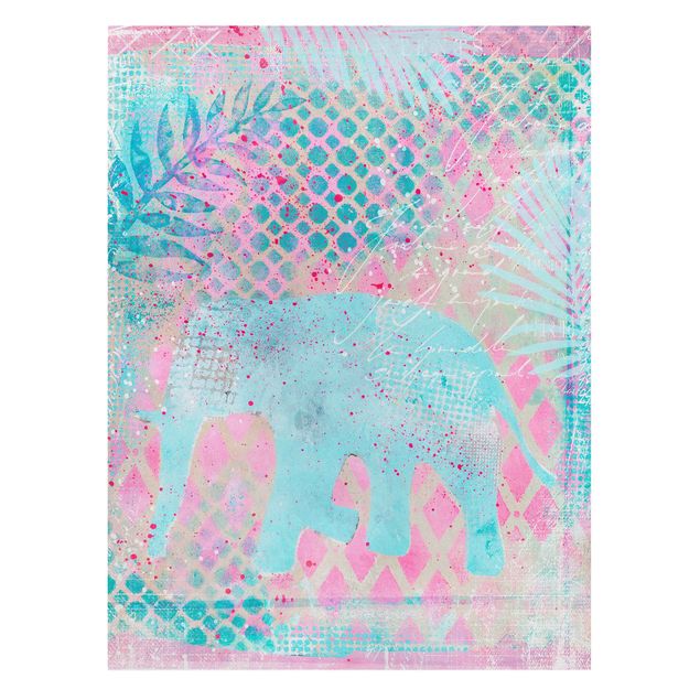 Quadri stile shabby Collage colorato - Elefante in blu e rosa