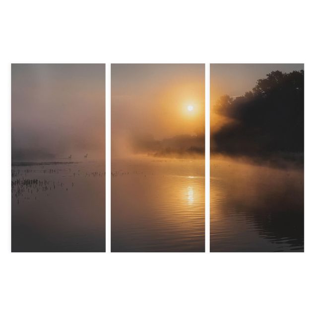 Quadri su tela con tramonto Alba sul lago con cervi nella nebbia