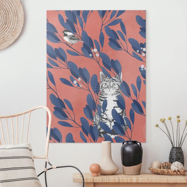 Quadri blu Illustrazione - Gatto e uccello su ramo blu rosso
