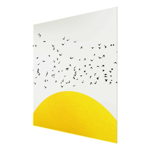Quadro giallo Stormo di uccelli di fronte al sole giallo