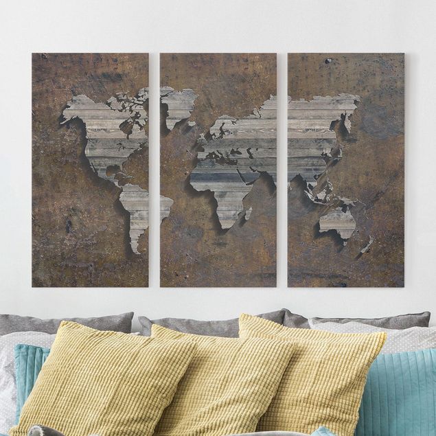 Quadro su tela componibile Mappa del mondo con griglia di legno