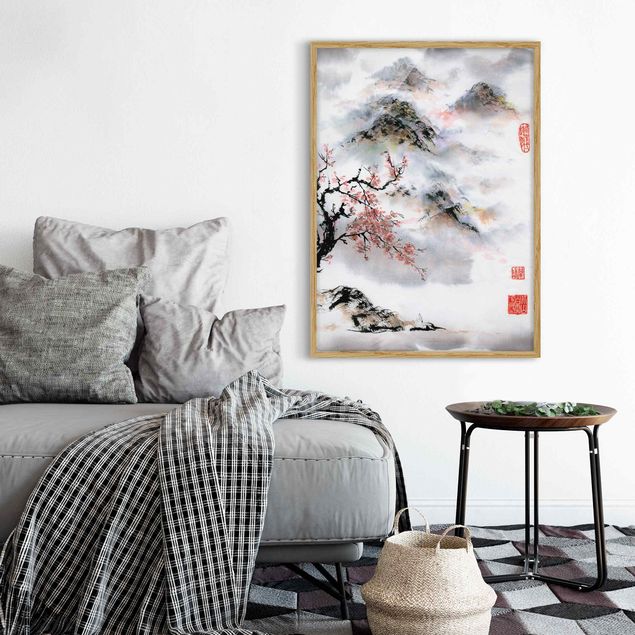 Quadri montagna Disegno acquerello giapponese Ciliegio e montagne