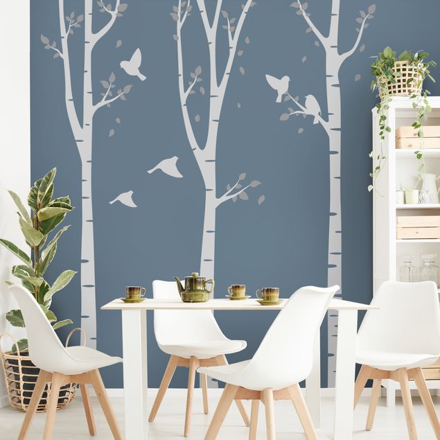 Autocolantes de parede pássaros Foresta di betulle foglie uccelli grigio