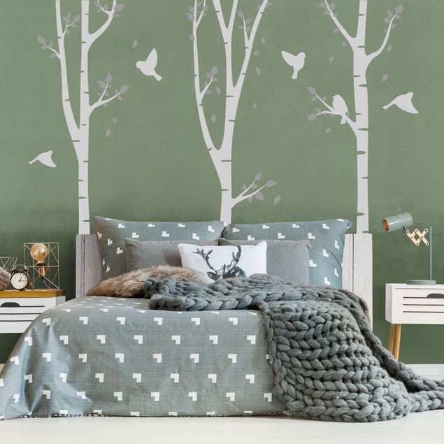Albero adesivo da parete Foresta di betulle foglie uccelli grigio