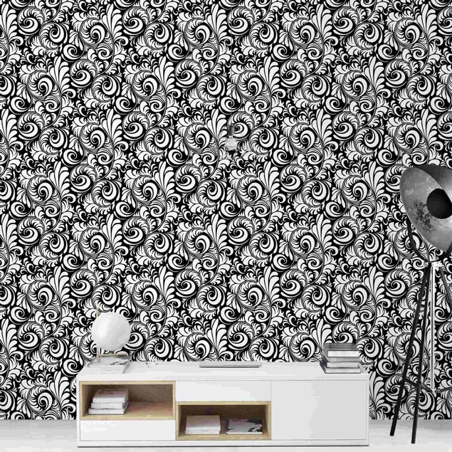carta da parete Motivo di foglie in bianco e nero