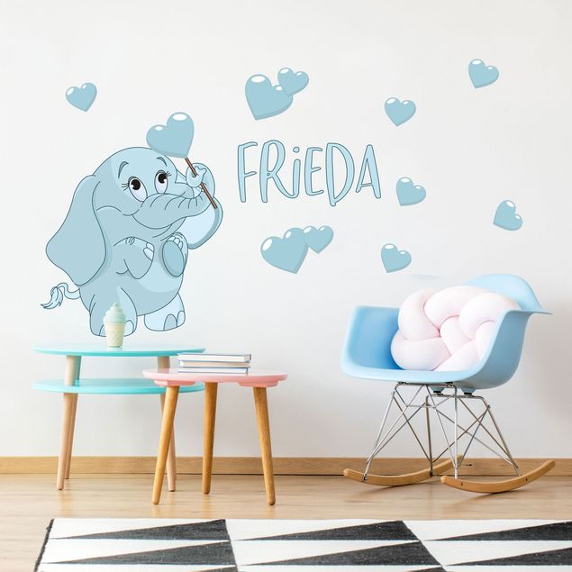 Adesivi murali personalizzati frasi Elefante blu con tanti cuori