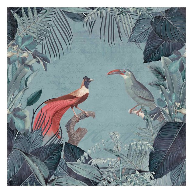 Carta da parati con animali Paradiso grigio blu con uccelli tropicali