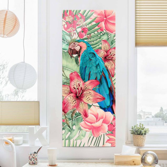 Quadri in vetro con fiori Paradiso floreale pappagallo tropicale