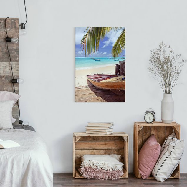 Quadri su tela con spiaggia Barca sotto le palme