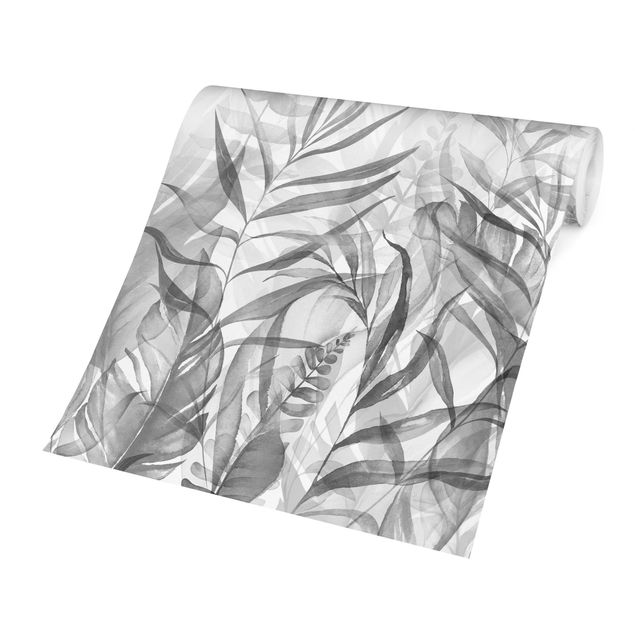 Carta da parati bianca e nera  Botanica - Foglie tropicali grigio