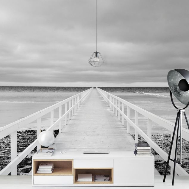 Carta da parati 3d mare Ponte in Svezia Bianco e nero
