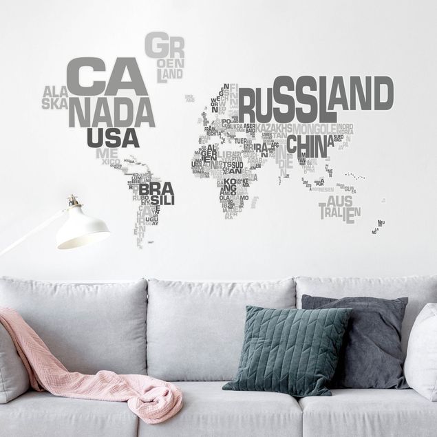 Scritte adesive muri Lettere e mappa del mondo in grigio