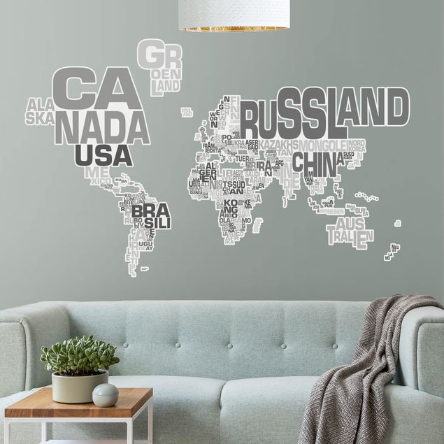 Adesivi murali mappamondo Lettere e mappa del mondo in grigio