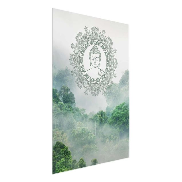 Quadri in vetro con architettura e skylines Mandala di Buddha nella nebbia