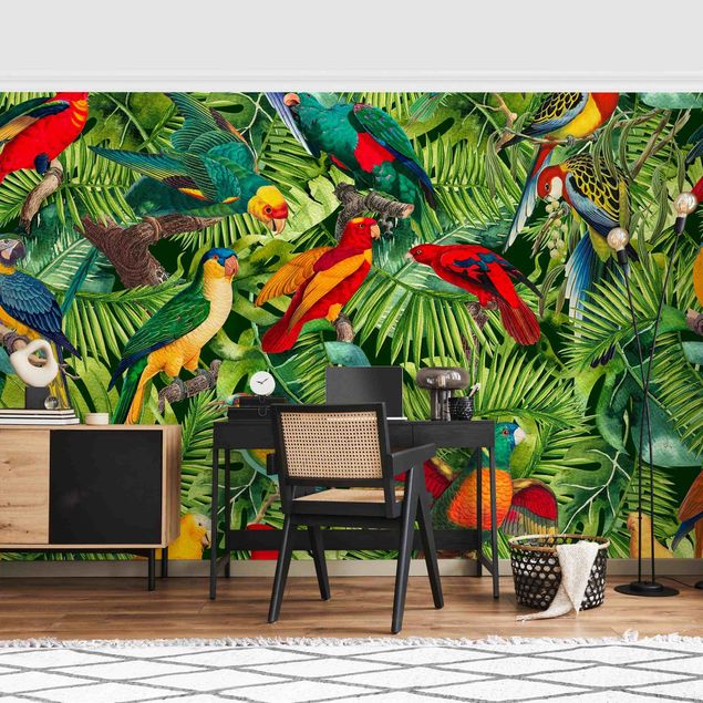 Carte da parati moderne Collage colorato - Pappagalli nella giungla