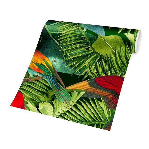 Carta da parati floreale Collage colorato - Pappagalli nella giungla