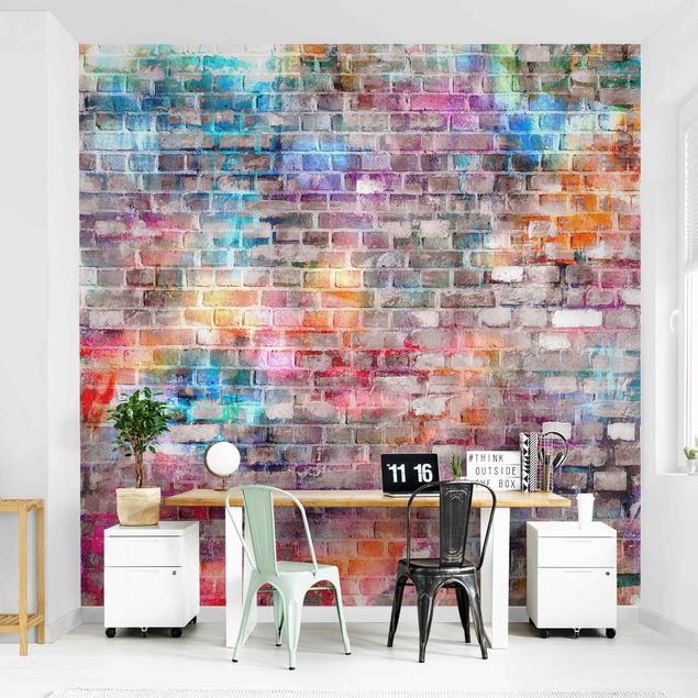 Carta da parati effetto marmo Muro di mattoni colorati in stile shabby