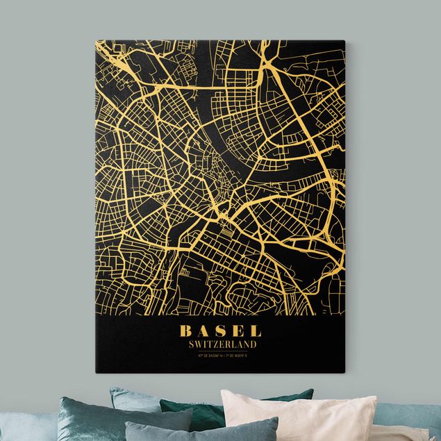 Quadri sfondo nero Mappa della città di Basilea - Nero classico