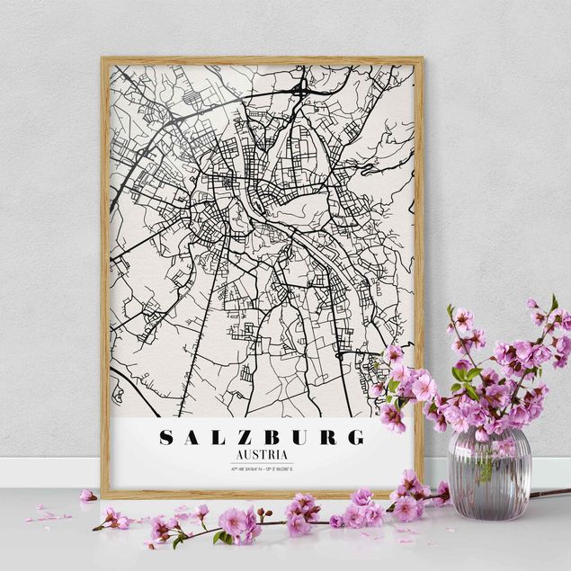Quadri con cornice in bianco e nero Mappa di Salisburgo - Classica