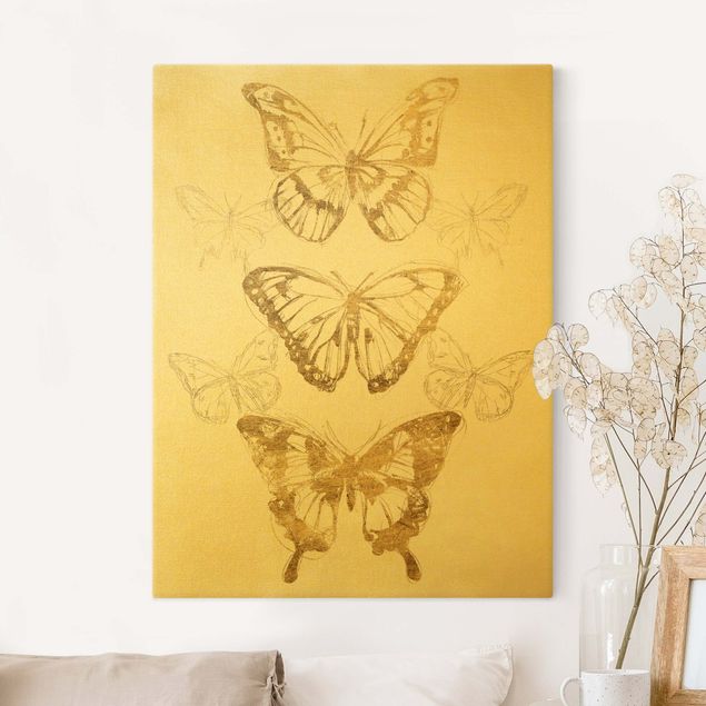 Quadri su tela con farfalle Composizione di farfalle in oro II