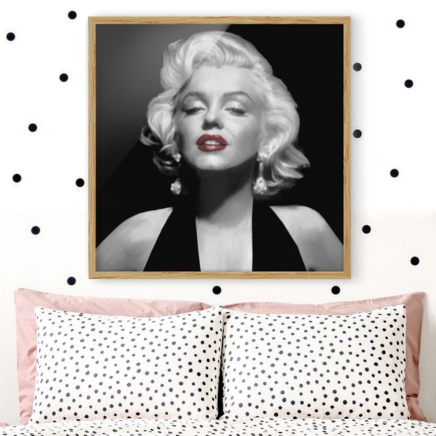 Quadri con cornice in bianco e nero Marilyn con le labbra rosse